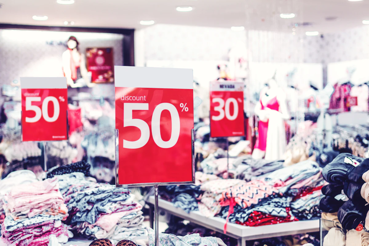Montra de loja de roupa com cartazes vermelhos de desconto de 50%