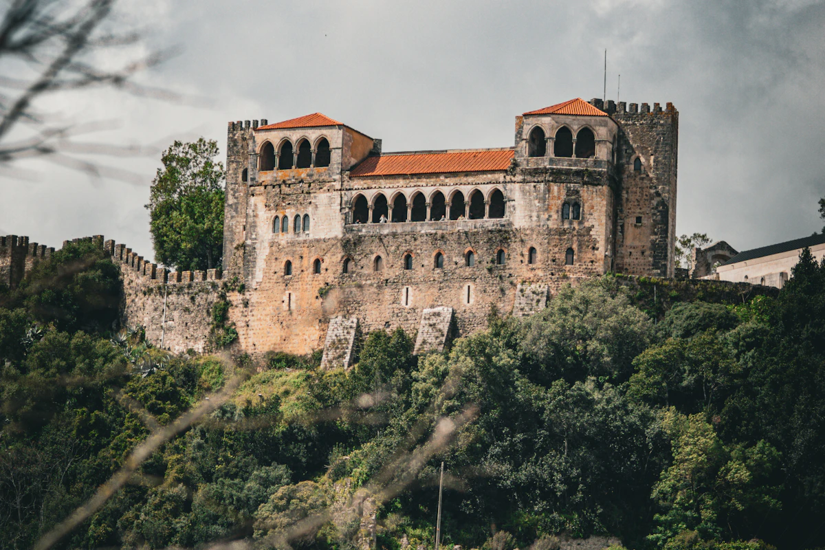 Castelo de Leiria no alto de uma colina coberta de árvores