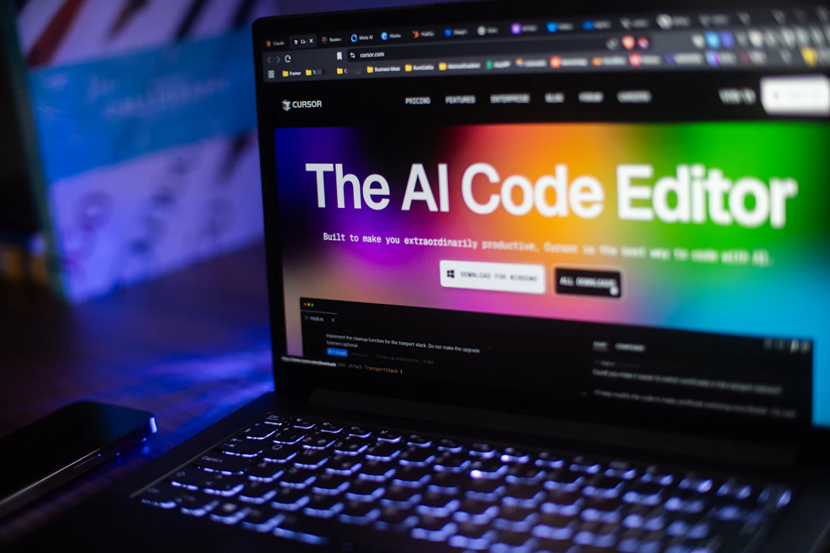 Portátil aberto com o site do Cursor, apresentado como editor de código com IA, num ecrã colorido