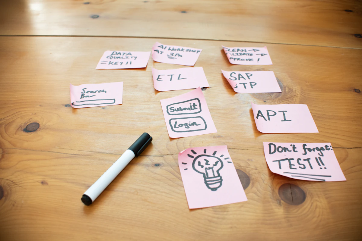 Notas adesivas com palavras como API, ETL e SAP numa mesa de madeira